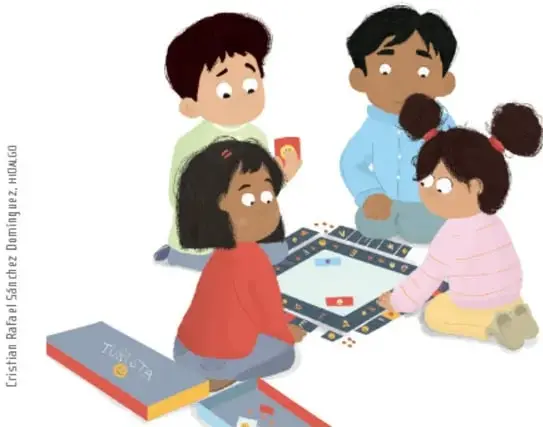 Cuatro niños sentados en círculo alrededor de un tablero de lotería sobre el suelo, con una niña de coletas poniendo una ficha; al lado está la caja de la lotería con su tumba de cartas; obra de Cristián Rafael Sánchez Domínguez.