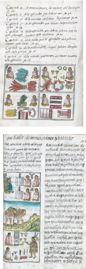Imagen de un códice colonial con texto en castellano (capítulos de oficios y tributos) y una ilustración de figuras indígenas con productos (mantas, maíz, telas) organizados en cuadrículas.