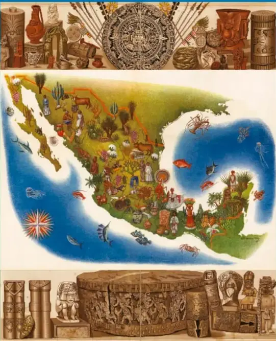 Mapa pictórico de México con ilustraciones de personajes, animales, plantas y actividades de distintas regiones, enmarcado por grecas prehispánicas.