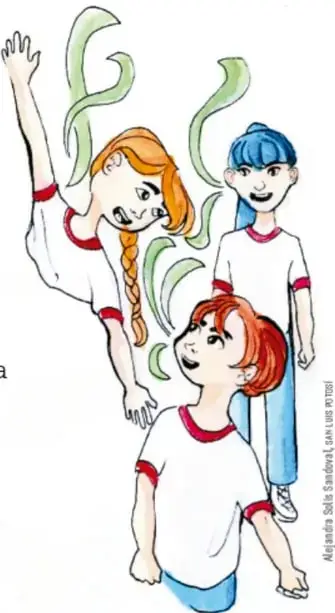 Ilustración de tres estudiantes: una niña con trenza y brazos levantados, un niño de cabello azul y una niña pelirroja, todos con playera blanca y detalles rojos, en actitud de participar.