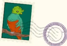 Ilustración de un ave verde posada en una rama, con un sello postal.