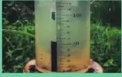 Fotografía de un pluviómetro casero colocado en un espacio exterior.