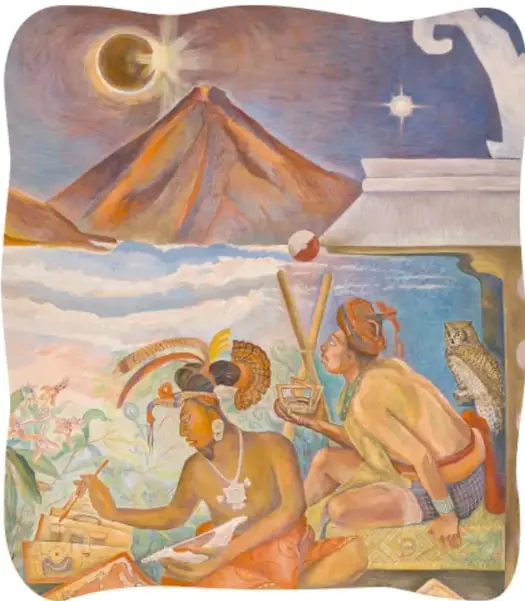 Pintura al óleo de estilo moderno: dos tlacuilos pintan sobre papel amate junto a un volcán bajo un cielo con eclipse y estrella; un búho los acompaña, con plantas de flores al pie de la escena.