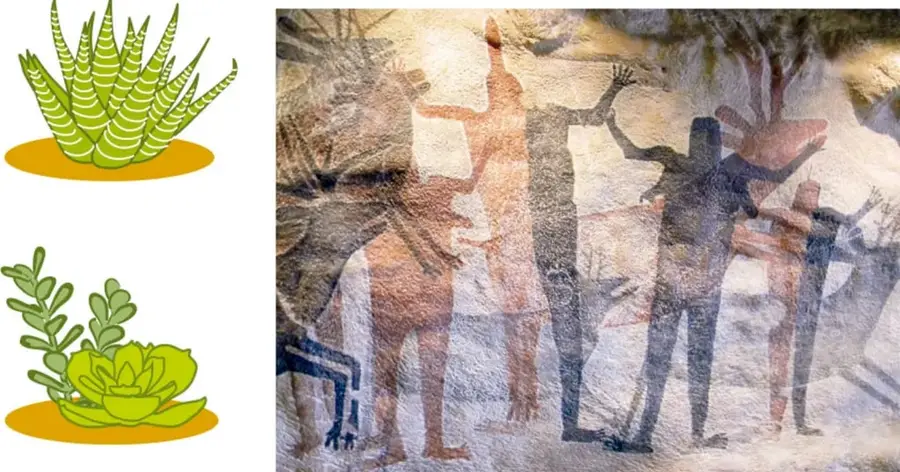Pintura rupestre con figuras humanas y animales en tonos ocres sobre roca.