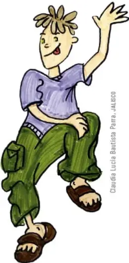 Ilustración de un niño con ropa morada y pantalón verde, sonriendo y levantando una mano, como si participara en una actividad lúdica.