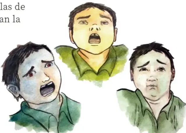 Ilustración a acuarela de tres rostros de niños expresando emociones distintas (enojo, sorpresa, tristeza). Crédito: Helwe Mariam Sdir Loza, COAHUILA.