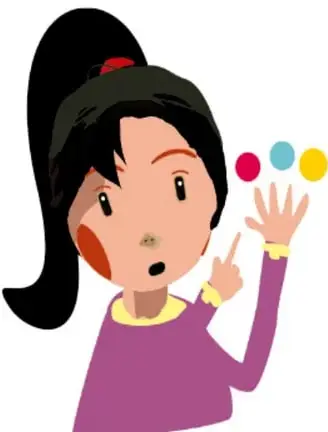 Ilustración de una niña con cabello negro recogido, playera morada, señalando con el dedo índice; a su lado hay tres círculos de colores (rojo, azul y amarillo). Crédito: Diego Gutiérrez Vega, TLAXCALA.