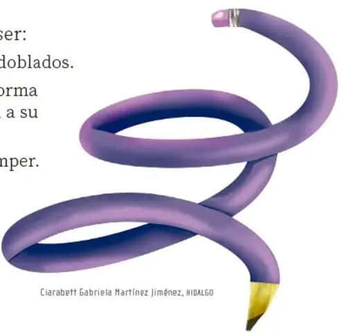 Un lápiz morado doblado en forma de espiral o caracol, con goma rosa y punta de madera, ejemplo de material flexible. Crédito: Clarabett Gabriela Martínez Jiménez, Hidalgo.