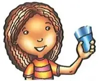 Una niña bebe agua de un vaso y otra niña hace volar una cometa para comparar la duración de las actividades.