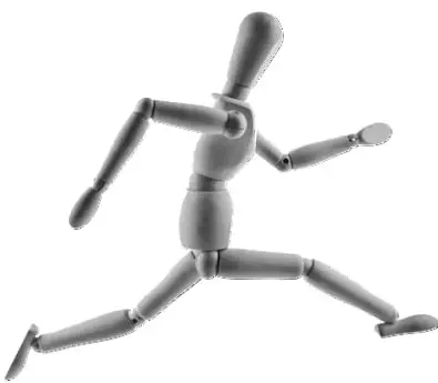Maniquí articulado de madera en posición de carrera: brazos y piernas flexionados con articulaciones esféricas visibles en hombros, codos, muñecas, cadera, rodillas y tobillos; manos y pies son piezas simples sin dedos detallados.