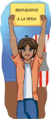Ilustración de un estudiante sosteniendo un cartel que dice 'BIENVENIDOS A LA FERIA', con la leyenda 'Dulce Estefanía Mata Medina. TAMULIPAS'.