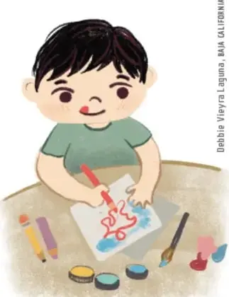 Ilustración de un niño que dibuja con plumón rojo sobre una hoja, rodeado de materiales de arte (plumones, pinturas, pinceles) sobre una mesa.