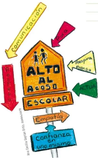 Señal de tránsito con la leyenda 'ALTO AL ACOSO ESCOLAR' y flechas con palabras: comunicación, alto, respira piensa, actúa, empatía, confianza en uno mismo.