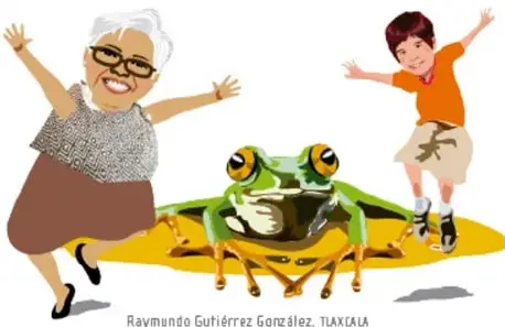 Ilustración de una abuela y un niño saltando alegremente junto a una rana, obra de Raymundo Gutiérrez González, Tlaxcala.