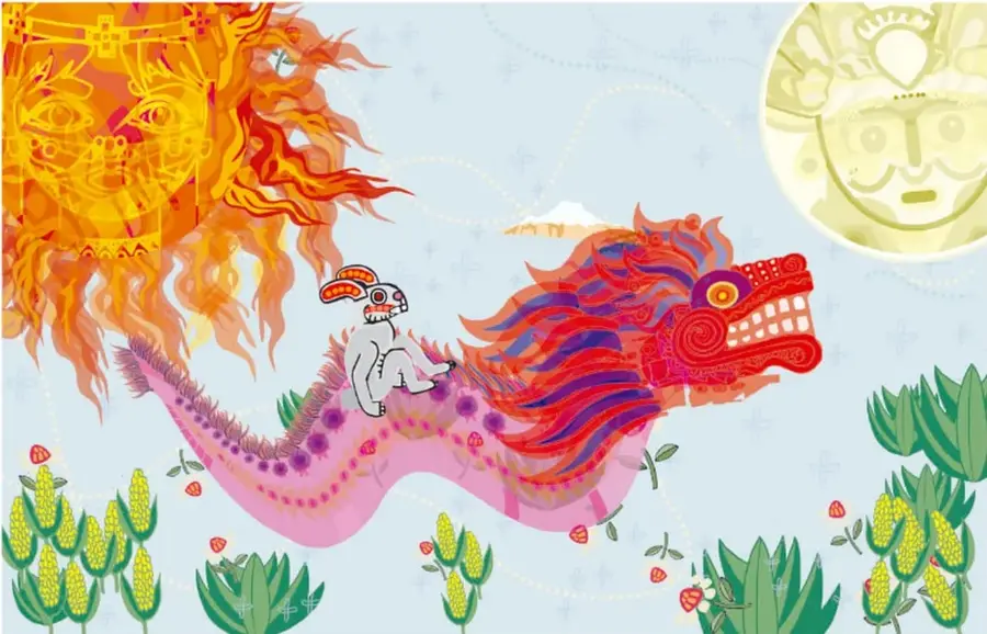 Escena ilustrada: sol de rostro humano en llamas amarillas y naranjas; conejo lunar montado sobre una serpiente emplumada rosa y roja que ondula entre magueyes y plantas verdes; luna pálida con rostro en la esquina superior derecha. Firma: Santiago Gutiérrez Vega.