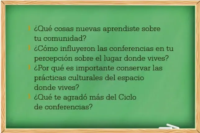 Pizarrón verde con cuatro preguntas modelo escritas en tiza blanca sobre el Ciclo de conferencias.