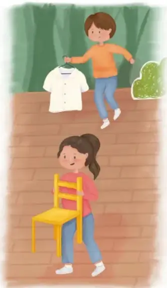 Ilustración de dos niñas preparando la escena: una sostiene una camisa blanca en un perchero y la otra mueve una silla amarilla sobre un piso de ladrillo, con árboles de fondo. Crédito: Daniela Regis Rivas, Aguascalientes.