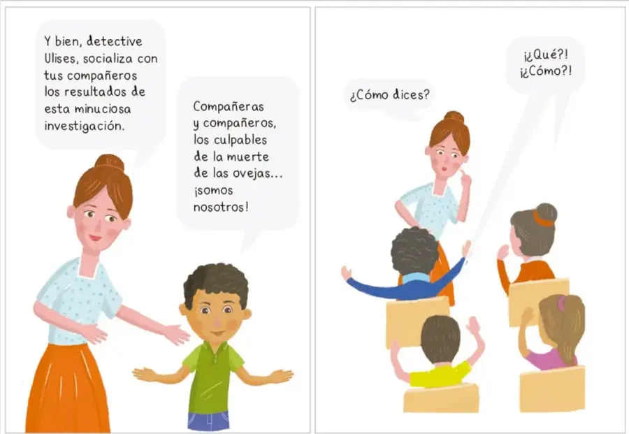 Dos viñetas: la maestra junto a Ulises (niño de playera verde) que anuncia el hallazgo; y los compañeros sorprendidos levantando los brazos con globos «¿Cómo dices?», «¿¡Qué?!», «¿¡Cómo?!».