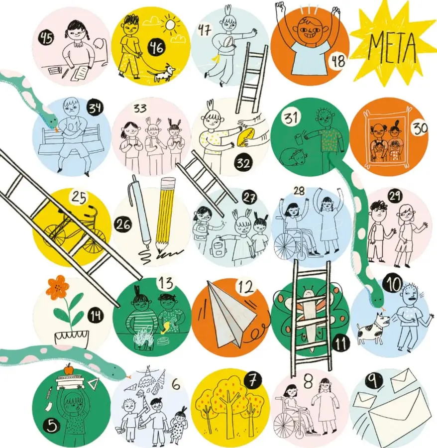 Mitad superior del tablero de serpientes y escaleras, con casillas circulares numeradas: 5 (niño con útiles escolares), 6 (niños en fiesta), 7 (árboles), 8 (niña en silla de ruedas con amiga), 9 (cartas), 10 (niño con perro que ladra), 11 (mariposa y oruga), 12 (avión de papel), 13 (niños con bote de basura), 14 (planta en maceta), 25 (bicicleta), 26 (lápiz y pluma), 27 (niños con mochila), 28 (niña en silla de ruedas festejando con amiga), 29 (dos niños conversando), 30 (foto de familia enmarcada), 31 (persona dando agua a su perro), 32 (manos compartiendo un alimento), 33 (tres niños), 34 (niño sentado solo en una banca), 45 (niña estudiando con lámpara), 46 (niño paseando al perro), 47 (persona corriendo) y 48 (niño que festeja con los brazos en alto), y al final una gran estrella amarilla rotulada META.