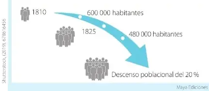 Gráfico que representa la disminución de la población de 600 000 habitantes en 1810 a 480 000 en 1825, equivalente al 20 %.