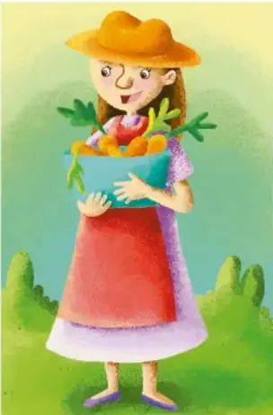 Ilustración de una mujer con sombrero sosteniendo una canasta con verduras y frutas, simbolizando la alimentación saludable.