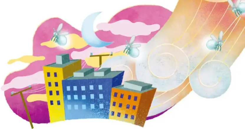 Ilustración de una ciudad con edificios, una luna y estrellas.