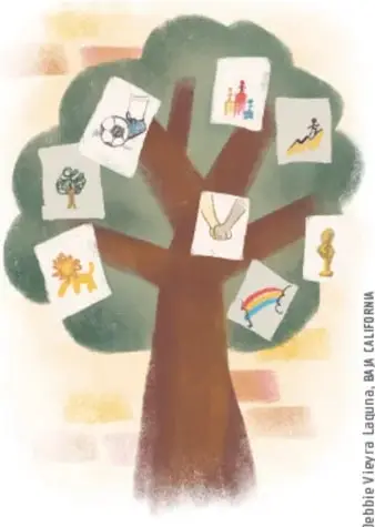 Ilustración de un árbol con hojas verdes donde cuelgan varias tarjetas o dibujos con imágenes de cualidades de los estudiantes (estrella, corazón, arcoíris, manos).