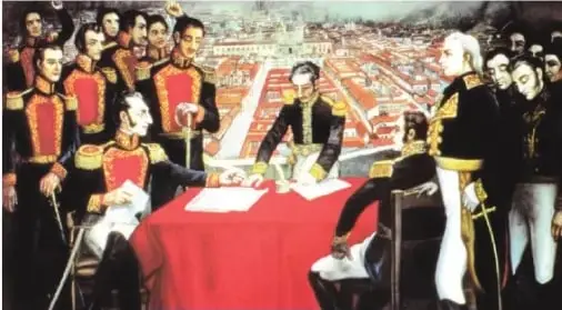 Pintura que representa la capitulación posterior al triunfo de Antonio José de Sucre y la proclamación de la Independencia de Quito.