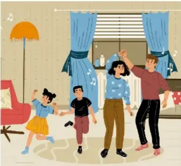 Ilustración de una familia bailando en la sala de su casa al ritmo de la música; se observan una niña, un niño y dos adultos moviéndose con alegría.