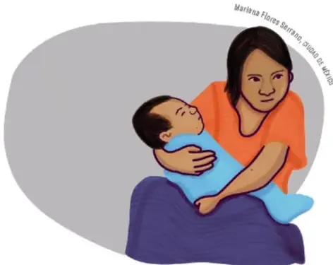 Ilustración de una mujer joven cargando a un bebé, con expresión de cansancio.