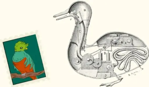 Ilustración de un pato autómata mecánico con engranajes internos visibles, junto a una pequeña imagen de un pato real de colores.