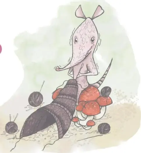 El armadillo ya formado camina en el bosque con su caparazón; a su lado hay un búho sobre un árbol, un erizo y vegetación.
