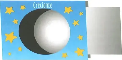 Cartulina azul con estrellas y una representación de una fase lunar creciente; tiene un recuadro gris lateral.