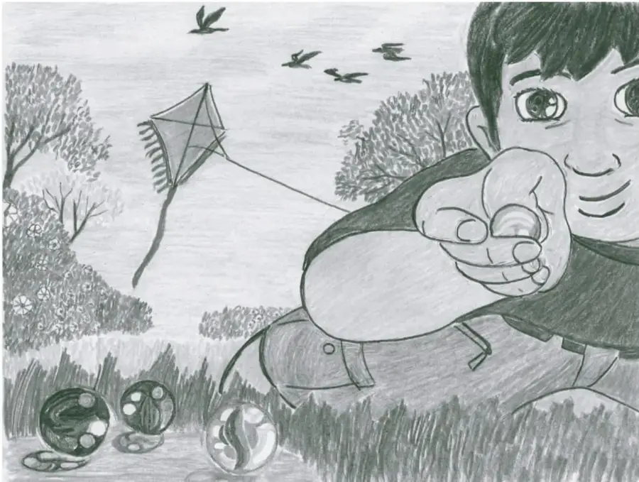 Dibujo a lapiz de un nino que sostiene un papalote mientras observa aves volar; en el suelo hay canicas y pasto, con arboles y flores al fondo. Credito: Gabriel Ramon Garcia Villarruel.