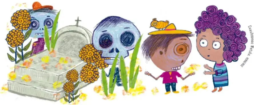 Dos calaveras de niños escondidas entre tumbas y flores de cempasúchil; junto a ellas, un niño con sombrero amarillo y un pajarito se despide de Alejandra, la niña de cabello morado rizado.