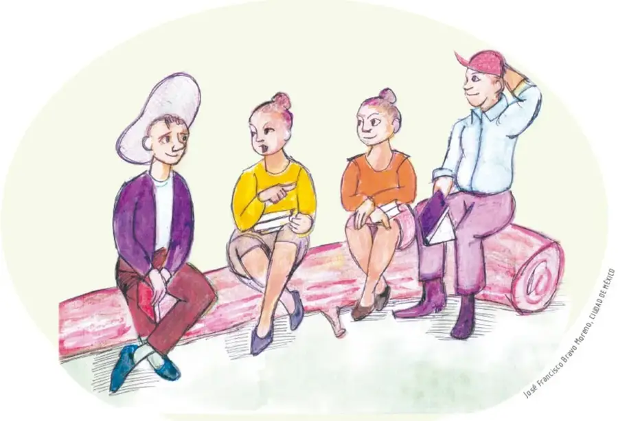 Ilustración de cuatro personas sentadas en un tronco, conversando de manera amigable; una persona señala mientras habla y otra escucha con atención, representando el diálogo y la escucha activa.