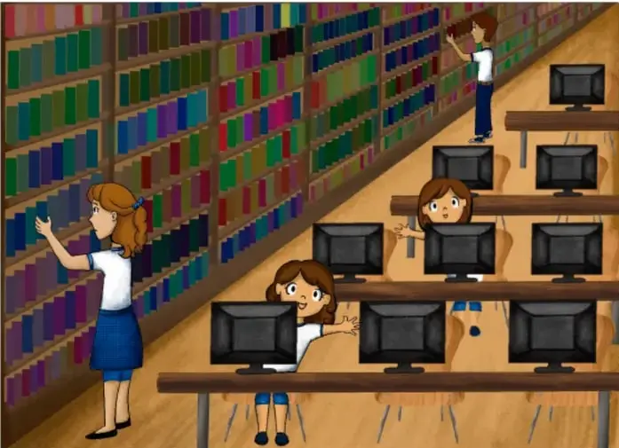 Ilustración de la Biblioteca de Aula: estantes llenos de libros y computadoras donde estudiantes buscan información; crédito de ilustración Marilán Luna Cuitláhuac - VERACRUZ.
