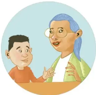 Ilustración en círculo de una abuela de cabello azul que le dice algo amable a su nieto, quien sonríe al recibir el reconocimiento.