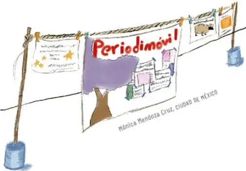 Ilustración de un Periodimóvil: dos botes azules con palos sostienen un mecate del que cuelgan carteles con el título "Periodimóvil" y notas con dibujos.
