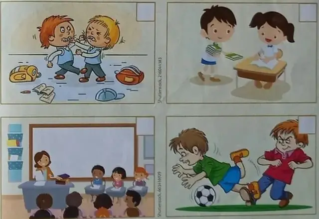 Cuatro ilustraciones escolares: niños peleando, niños compartiendo cuaderno, maestra dando clase, niños jugando bruscamente.
