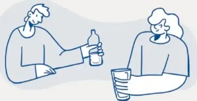 Ilustración de dos personas sentadas conversando; una sostiene una botella y la otra un vaso, representando un ofrecimiento de agua o alimento.
