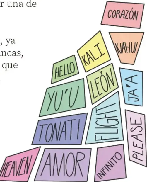 Pirámide de tarjetas de colores con palabras en español, lengua indígena e inglés: CORAZÓN, KAL I, K'AJHU, HELLO, YU'U, LEÓN, JA'A, TONATI, FLIGHT, PLEASE, HEAVEN, AMOR, INFINITO.