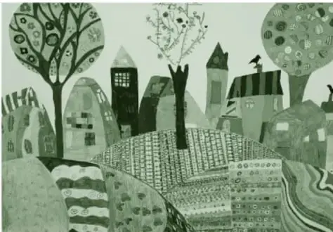 Ilustración en tonos verdes de un paisaje de pueblo: árboles frondosos, casas pequeñas, una iglesia con torre y un cielo decorado.