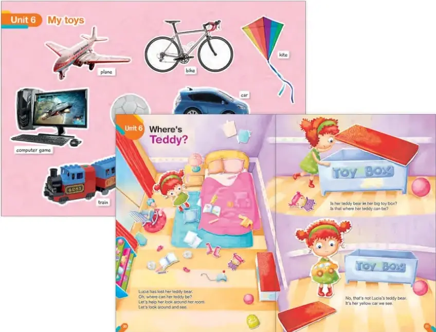 Ilustración de la Unidad 6 'My toys' con juguetes etiquetados en inglés: plane, bike, kite, car, computer game, train.