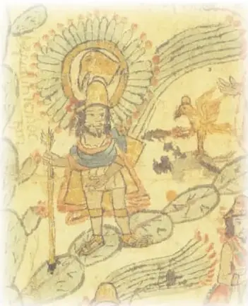 Iluminación de códice prehispánico que representa a Cuauhtémoc como tlatoani, con penacho, túnica y cetro, bajo un sol radiante y rodeado de glifos aztecas.