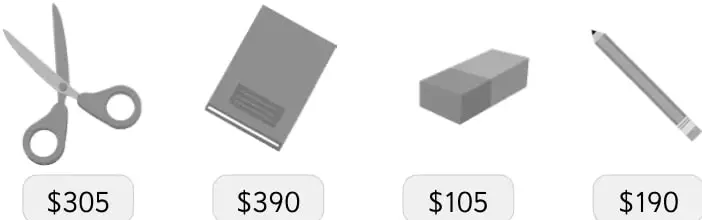 Ilustraciones de tijeras, libreta, goma de borrar y lápiz con sus precios.