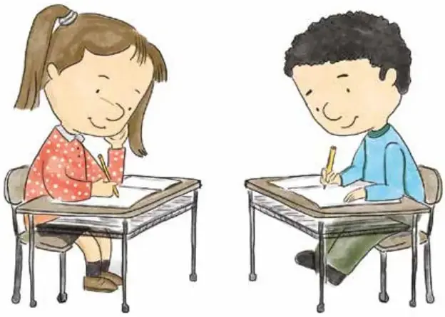 Ilustración infantil de una niña con polera roja de lunares y un niño con polera celeste, ambos sentados en sus pupitres y escribiendo en una hoja; representan a los estudiantes respondiendo la prueba del período.