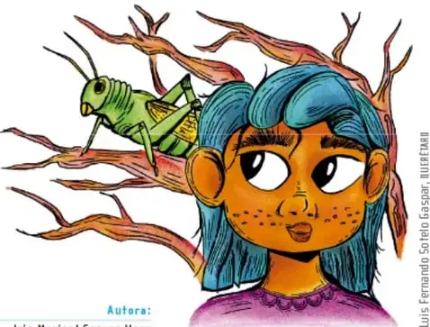 Ilustración de una niña de cabello azul sobre ramas secas con un insecto verde (saltamontes) grande; créditos a Luis Fernando Soto Gaspar, Guerriero.