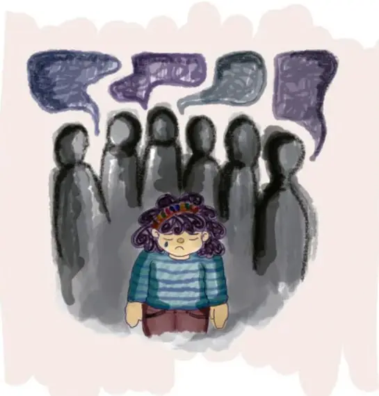 Ilustración de una niña mochilera frente a un poste indicador con flechas roja, verde y amarilla apuntando en distintas direcciones, en un camino con arbustos: representa elegir entre alternativas.