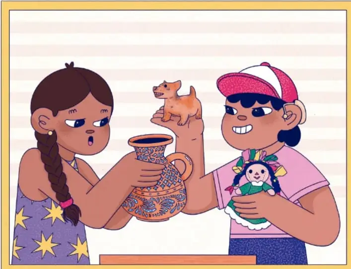 Ilustración de dos niñas: una sostiene una maceta de barro decorada y la otra un pequeño perro en la mano y un muñeco con vestido; ambas conversan. Crédito: Andrea Vallejo Hurtado, Guanajuato.